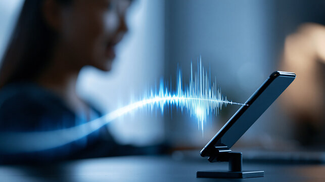 Side profile silhouette of a person speaking toward a smartphone propped on a stand a bright glowing voice recognition waveform arcing across the frame soft studio backdrop with subtle