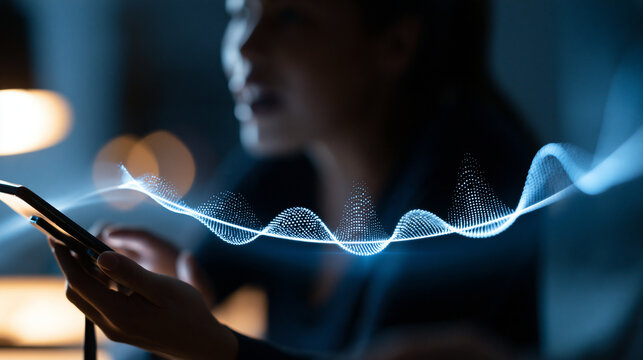 Side profile silhouette of a person speaking toward a smartphone propped on a stand a bright glowing voice recognition waveform arcing across the frame soft studio backdrop with subtle