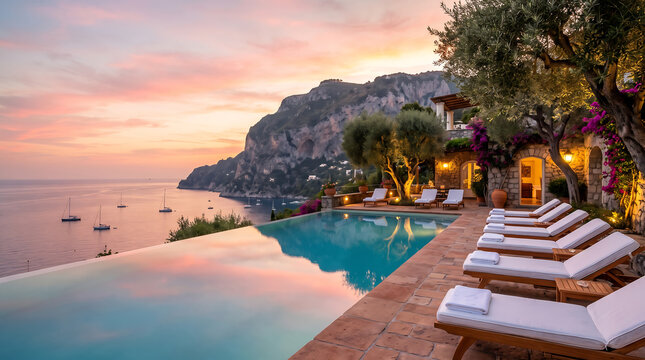 Luxury infinity pool overlooking scenic coastal cliff at sunset with infinity
