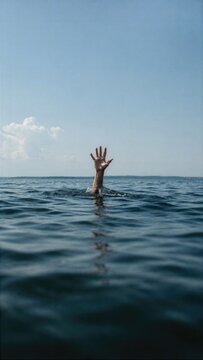 Hand reaching out of ocean water in distress beneath open sky