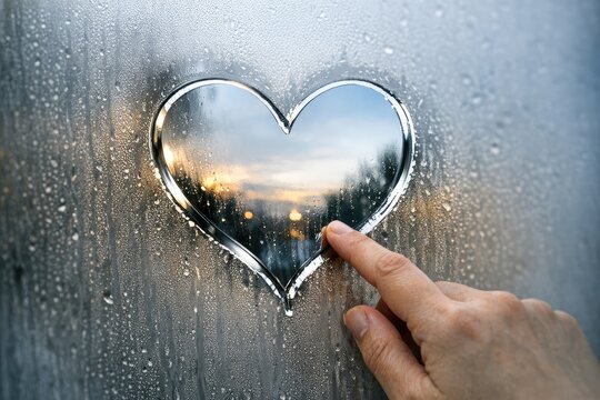 A person touches a heart-shaped mirror on a window, possibly contemplating or reflecting