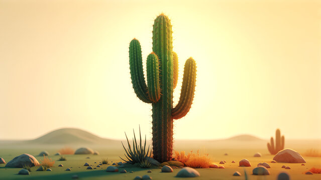 A majestic saguaro cactus standing alone in a vast desert landscape during a golden sunset.