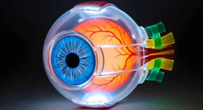 Human eye anatomy, detailed model, optic nerve and retina highlighted.