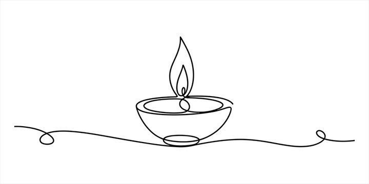 Continuous line drawing of a glowing diwali diya oil lamp