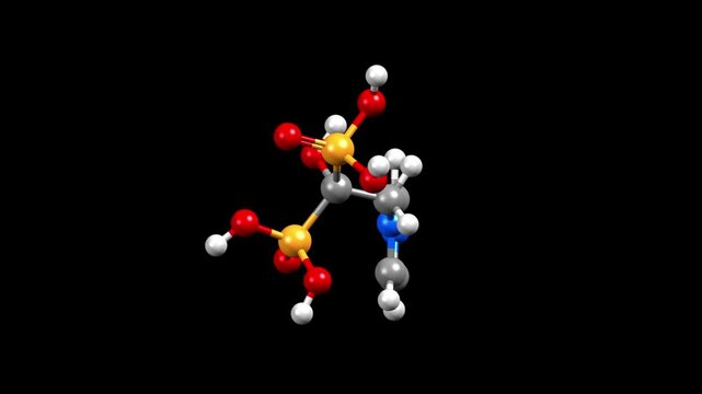 Structure of zolendronic acid, a medication for osteoporosis. Animated 3D ball-and-stick and spacefill models, black background.