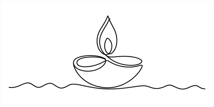 Continuous one line drawing of a lit diya oil lamp