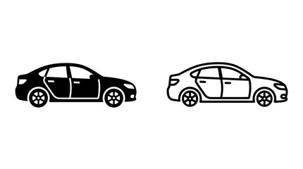 Fototapeta premium Sedan car vector icons set in solid black and outline style showing side profile design with automobile