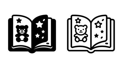 Open story book with teddy bear and star illustrations vector glyph and outline icon set, illustration