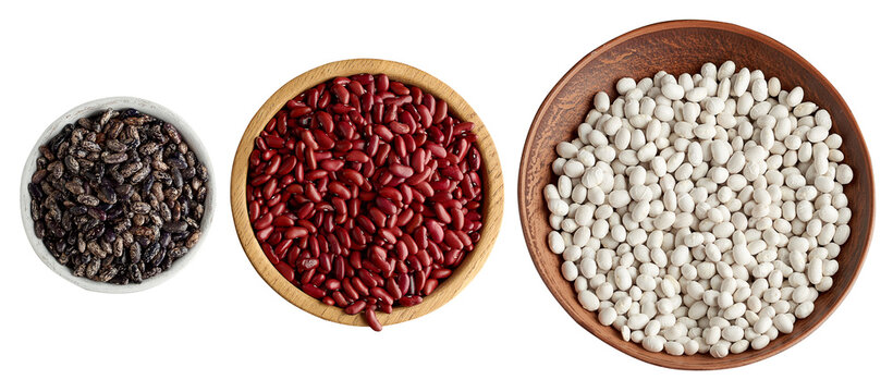 Three bowls containing different varieties of beans speckled, red, and white against a isolated background, top view