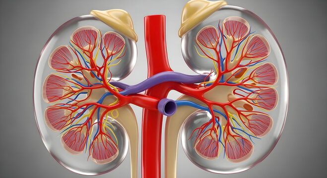 Human kidney anatomy model showing renal cortex medulla and blood vessels on gray backdrop.