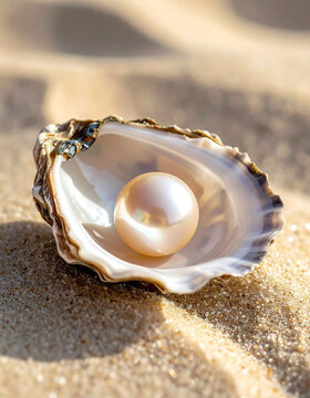 Natural lustrous pearl inside opened oyster shell on fine sandy surface, iridescent pearl glow. Close-up.