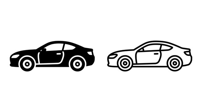 Modern sedan passenger car side view solid and outline vector icons set with automobile, transport