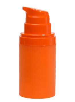Bright orange bottle with dispenser for cosmetics on isolated background.