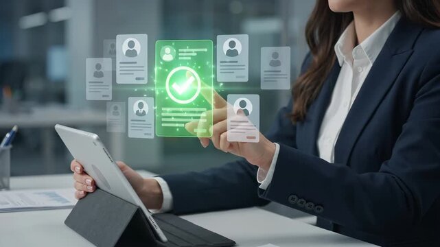 Recruitment and hiring process for candidate selection. Businesswoman reviews resume profiles and employee applications on tablet to approve talent. Human resources management, career and workforce