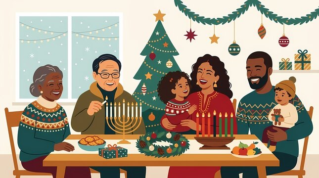 Diverse family celebrating holidays together with Christmas tree and Hanukkah menorah