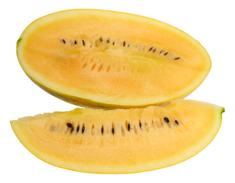 Half and a juicy slice of yellow watermelon with seeds, isolated background.