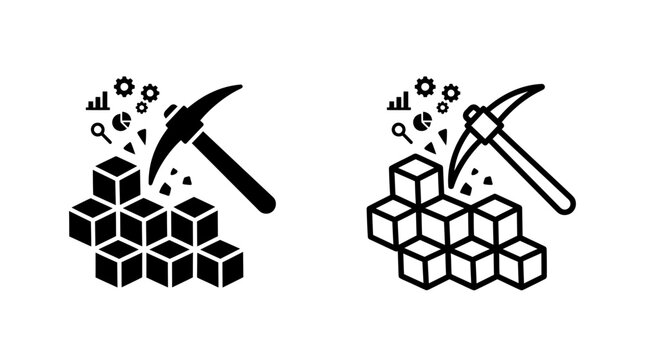 Data mining concept vector icon illustration set with pickaxe and cubes analytics silhouette business