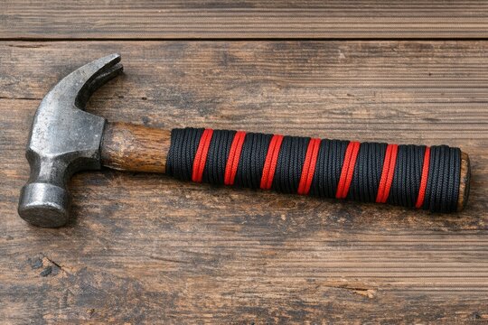 A hammer and a rope sit on a wooden table, ready for use