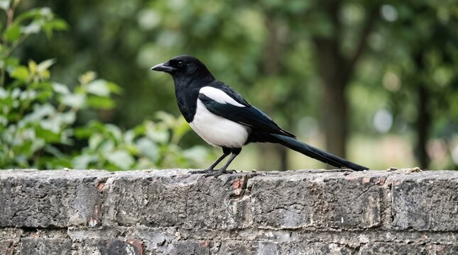 Black and white magpie bird perched on a stone in a natural setting