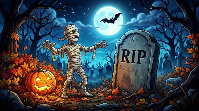 Halloween Mummy Character in Spooky Graveyard with RIP Tombstone Pumpkin and Full Moon Night Vector Illustration