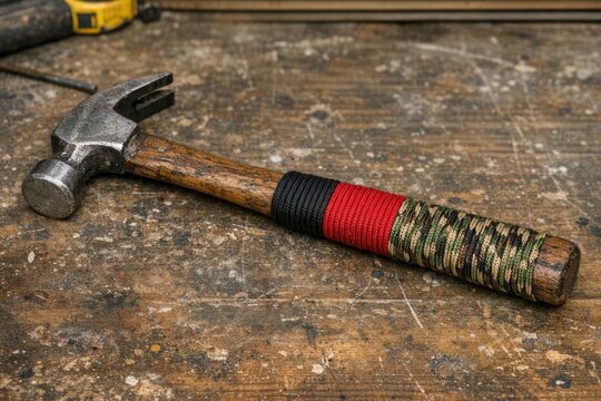 A hammer with a rope wrapped around its handle