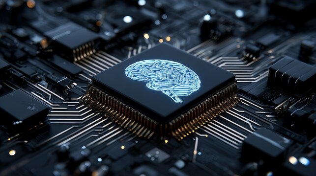 Glowing blue human brain icon integrated onto a complex black central processing unit mounted on a detailed electronic circuit board