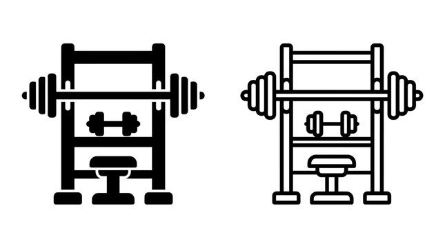 Gym weight rack barbell and dumbbell fitness equipment glyph and outline icon set with dumbbell, equipment