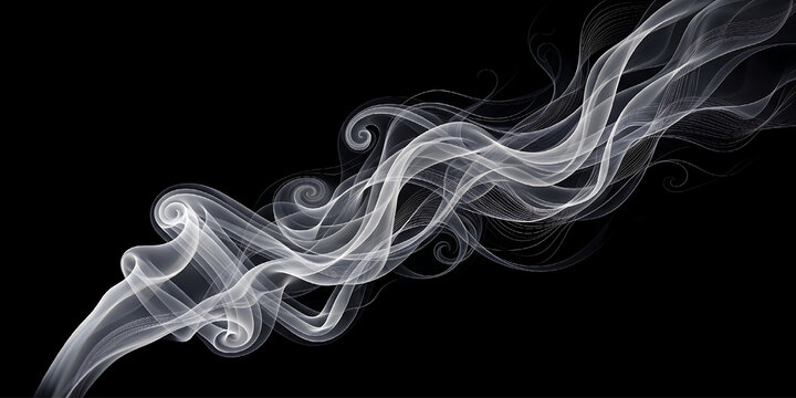 Abstract white smoke swirls and curves against a solid black background creating a dynamic pattern.