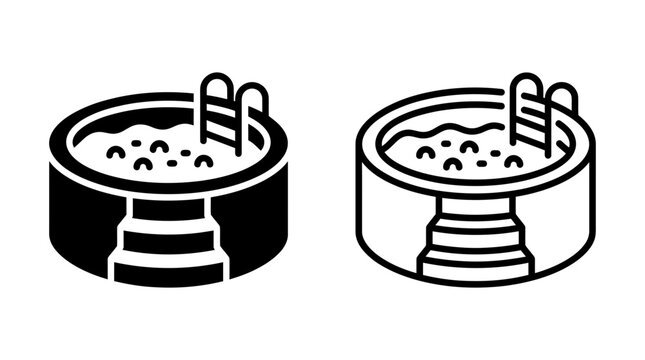 Hot tub jacuzzi spa pool outdoor leisure icon vector symbol glyph outline set with relaxation, hydrotherapy