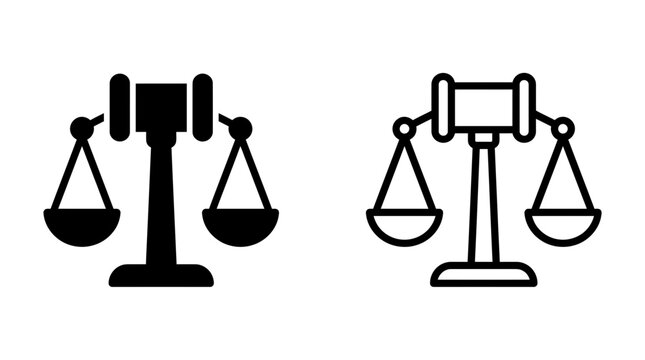 Scales of justice and gavel icon set vector illustration with judgment silhouette attorney fairness
