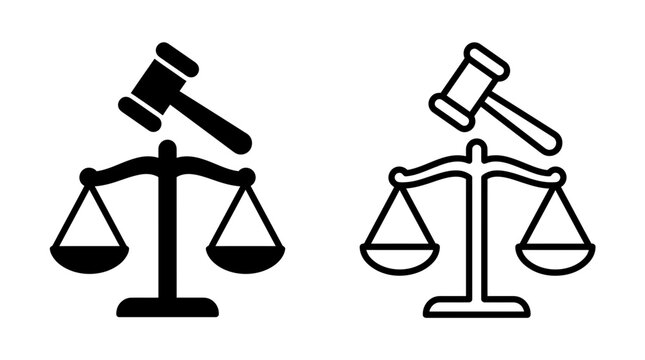 Legal scales and judge gavel icon vector graphic design with judgment silhouette attorney fairness