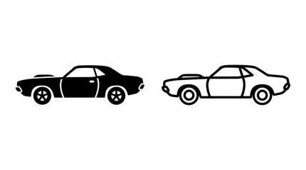 Fototapeta premium Vintage muscle car with hood scoop silhouette and outline icon vector set graphic design, automobile
