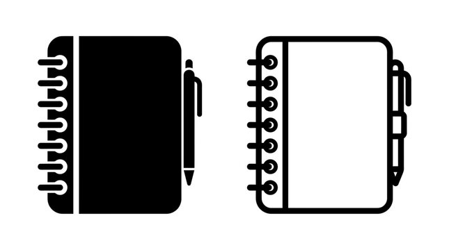 Spiral notebook with pen holder icon vector set in solid fill and outline graphic styles, notebook