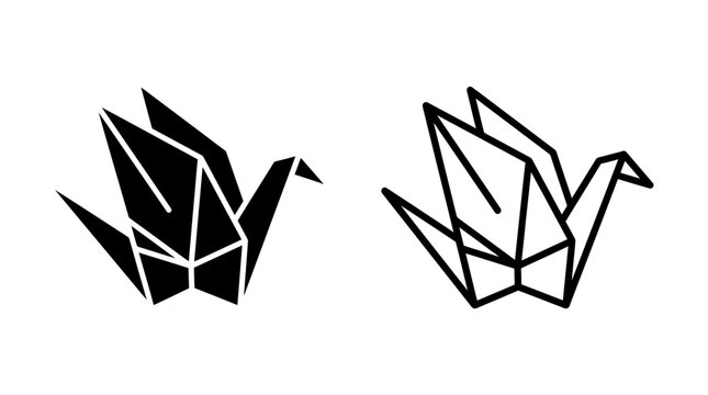 Origami crane paper bird symbol icon flat glyph line vector graphic design illustration set with geometry