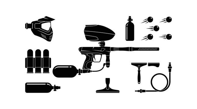 Paintball equipment black silhouette vector set featuring marker gun mask goggles loader pod pack tank and maintenance squeegee tools
