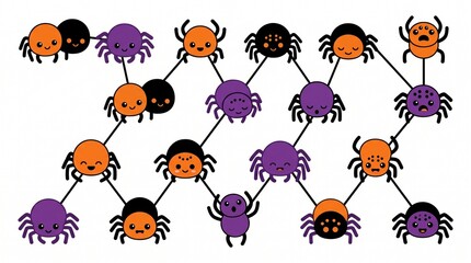 Naklejka premium Cute cartoon spider pattern featuring vibrant orange and purple colors with friendly smiling expressions arranged in a fun geometric web layout for creative Halloween seasonal designs