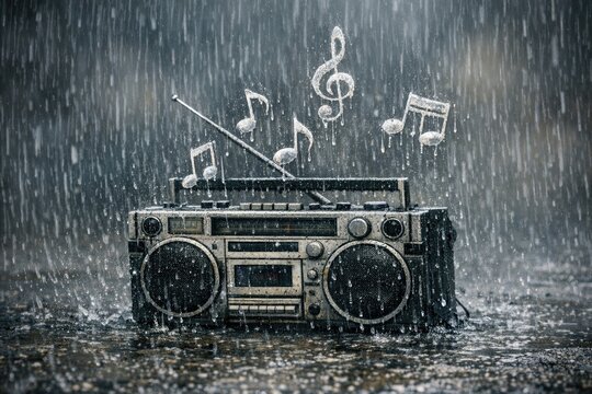A portable music player with music notes escaping from it, great for use in presentations or illustrations about music and technology