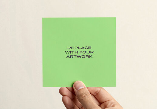 Square card mockup held in hand against neutral background for branding presentation, stationery design display, print template, visual identity corporate artwork placeholder