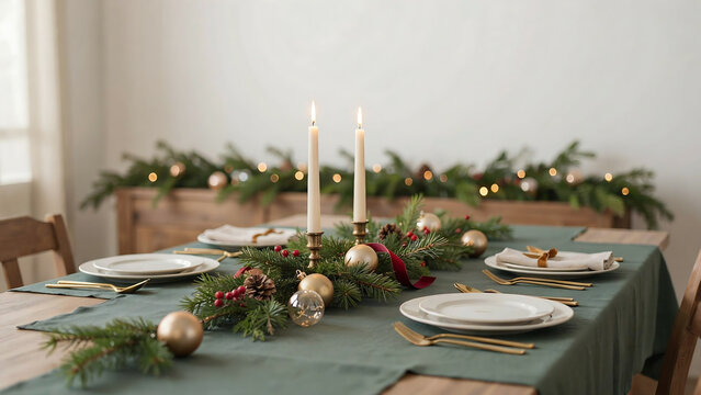 Festive dining table set with pine garland candles and golden ornaments during a holiday gathering