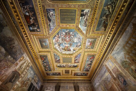 Parliament room with ceremonial ceiling, wall painting and ceiling painting, Castello di Udine, Friuli-Venezia Giulia, Italy