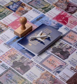 Iceland, Icelandic passport or id document with tickets for flight, travel. Icelandic passport