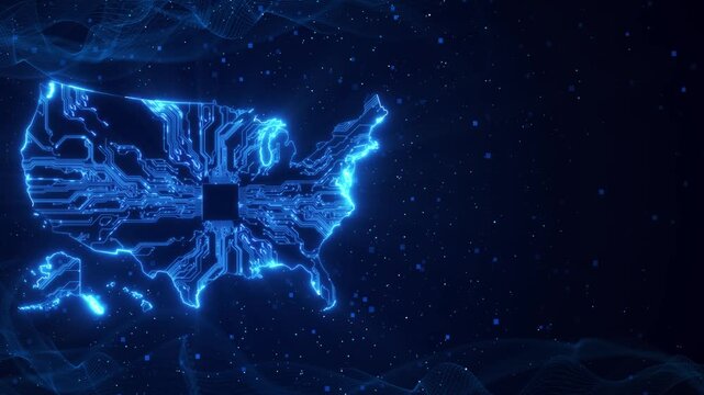 Futuristic USA circuit map computing chip luminous electronic pathways. production, AI computing, advanced processors systems, domestic 19, robotics, enterprise infrastructure innovation 3D.