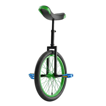 Unicycle with green wheel and black frame isolated on transparent background