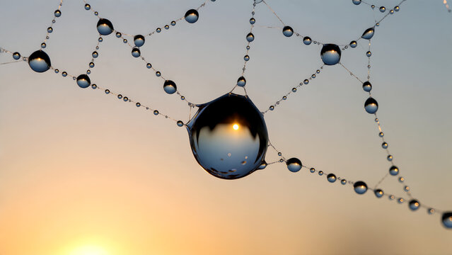 Close up of dew drops on a spider web at sunrise.