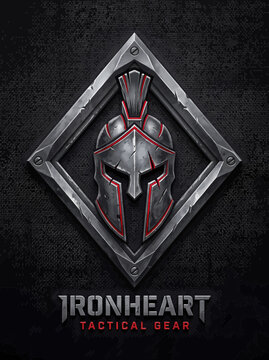 Ironheart tactical gear logo with spartan helmet inside metallic diamond frame element.