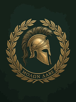 Molon Labe spartan helmet in laurel wreath, ancient greek phrase.