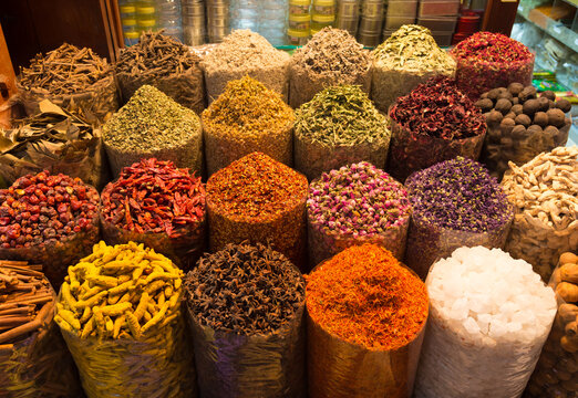 Colorful spices on the Arab souq spice market in medina