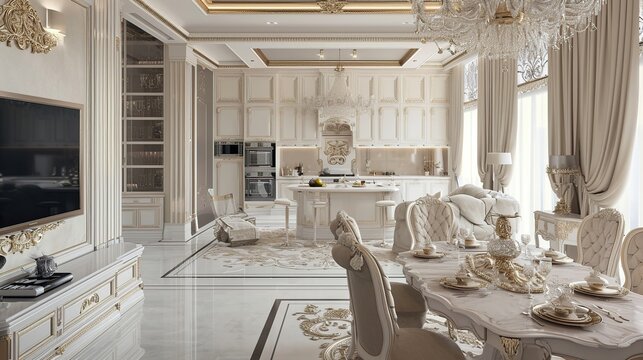 Opulent and elegant European-style living room with marble floors, chandeliers, and ornate molding throughout