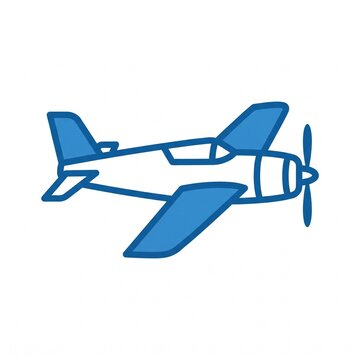 A flat vector illustration displays a blue propeller airplane isolated on a white background, air travel, transport concept, aviation design.