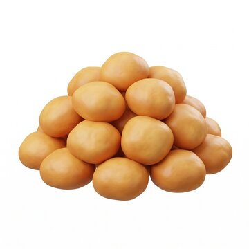 A 3D illustration of a pile of golden round baked dough balls isolated on a white background, traditional bakery, homemade food, culinary concept.